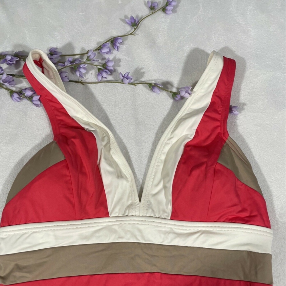NWT DKNY [SZ 6 ] Colorblock V Neck Maillot One Piece Swimsuit‎ Coral - Picture 3 of 12